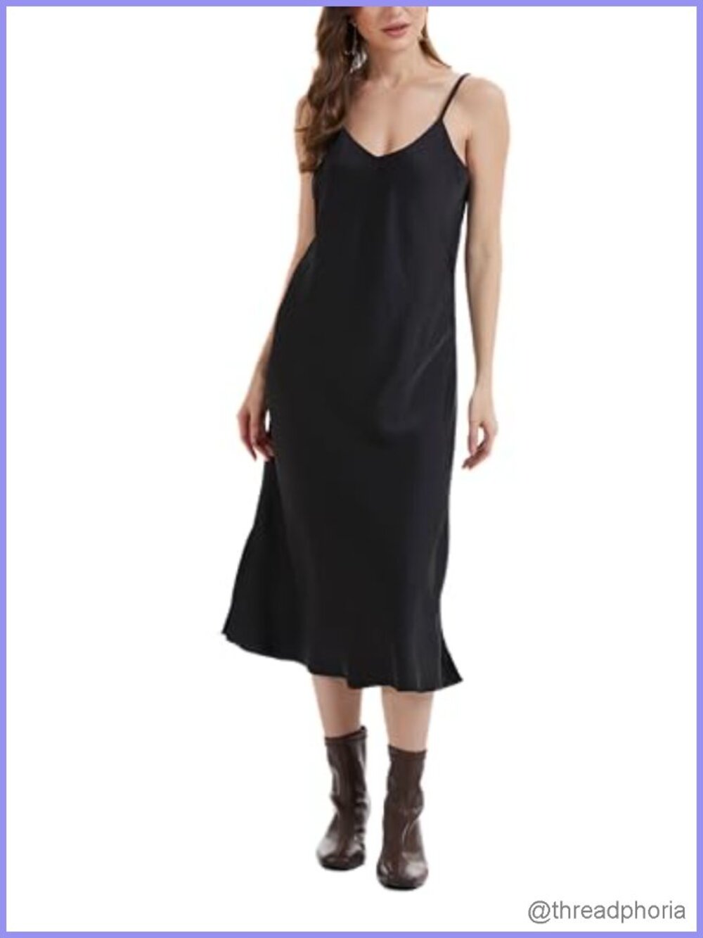 Women's Satin Slip Dress V-Neck Midi A-Line Spaghetti Strap